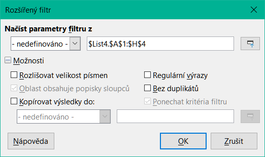 Dialogové okno Rozšířený filtr
