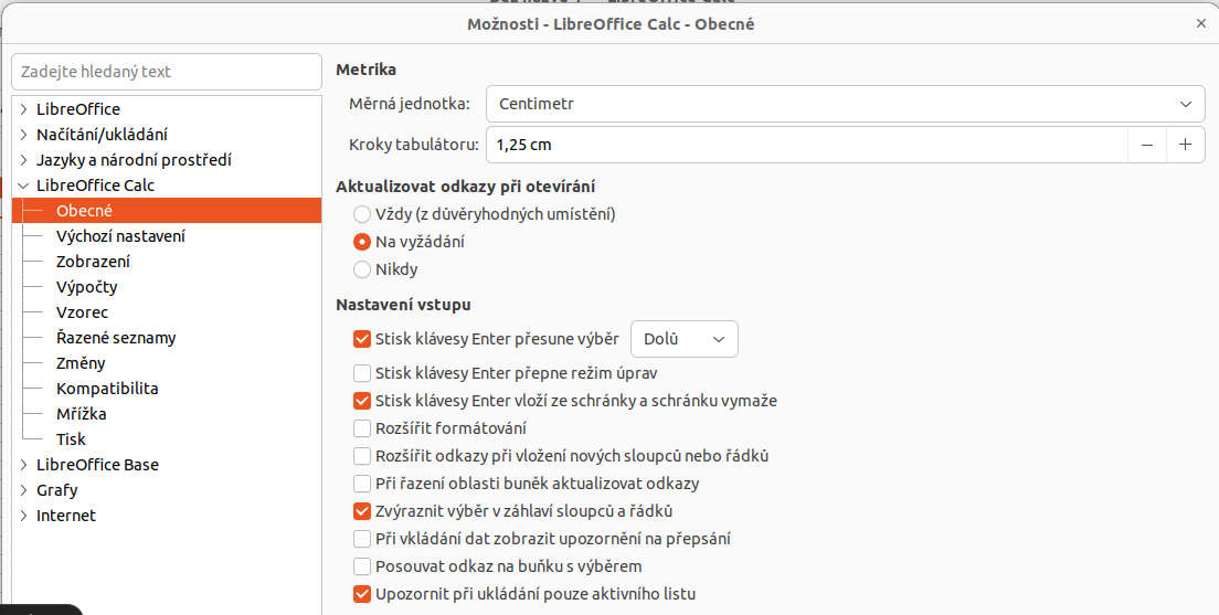 Výběr obecných možností pro Calc
