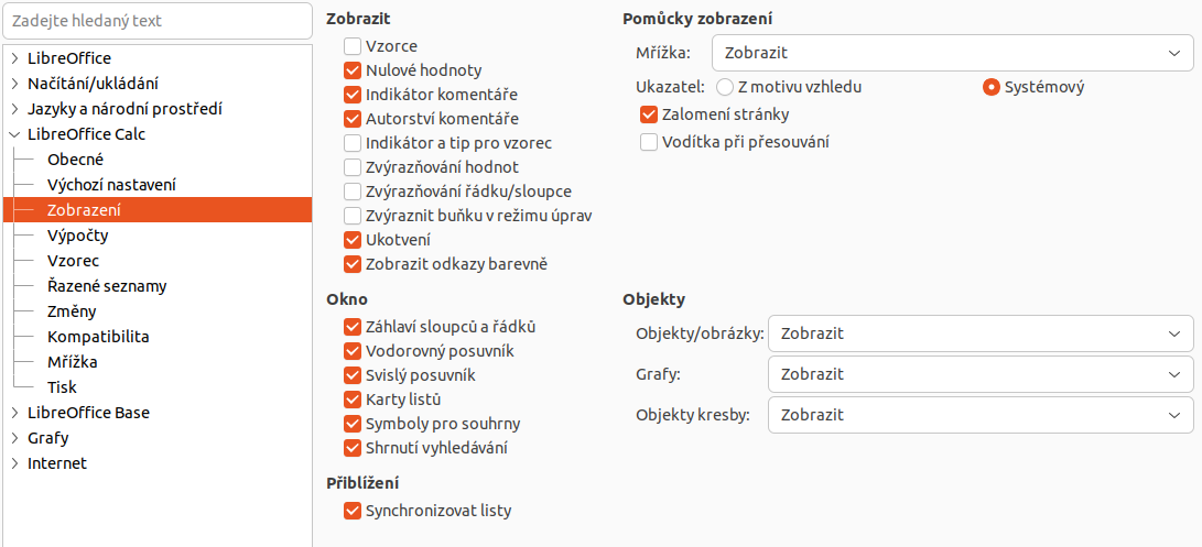 Výběr možností zobrazení pro Calc