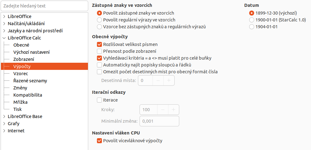 Možnosti výpočtu aplikace Calc