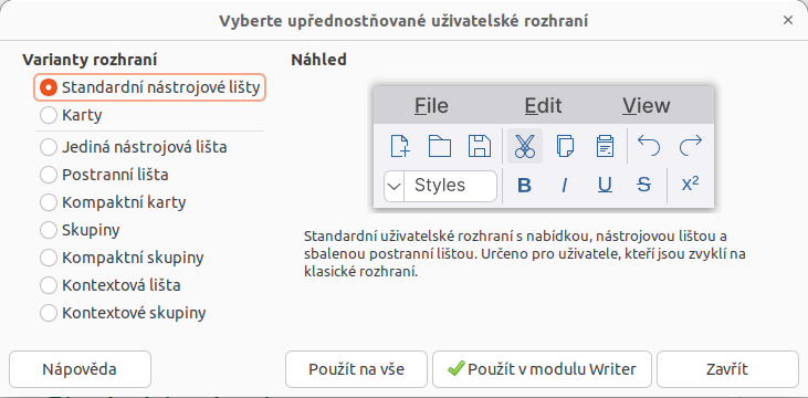 Dialogové okno Vyberte upřednostňované uživatelské rozhraní
