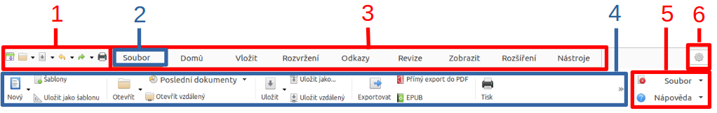 Rozhraní s kartami a skrytou hlavní nabídkou