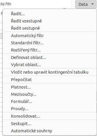 Nabídka karty Data