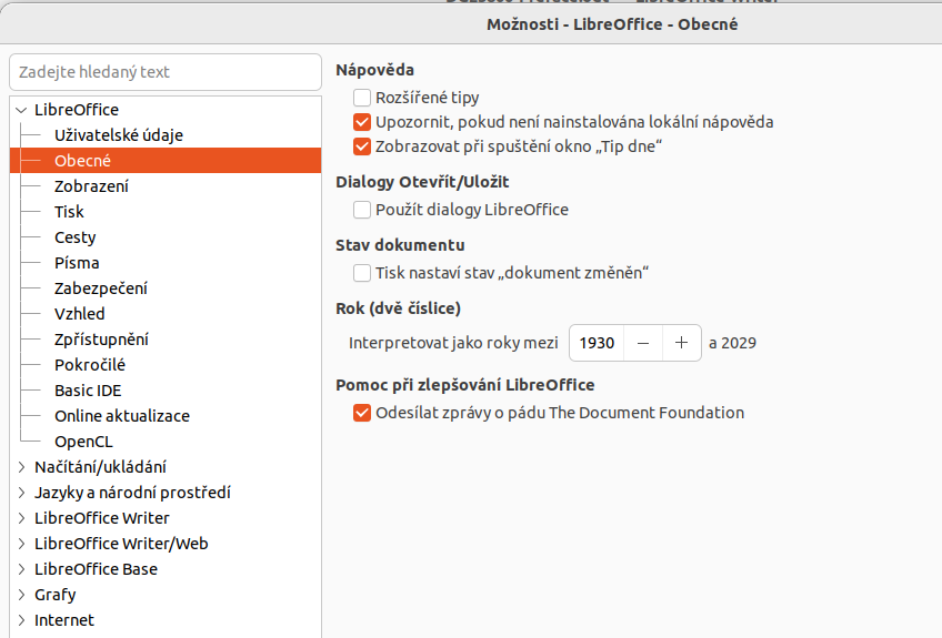 Dialogové okno Možnosti LibreOffice – stránka Obecné