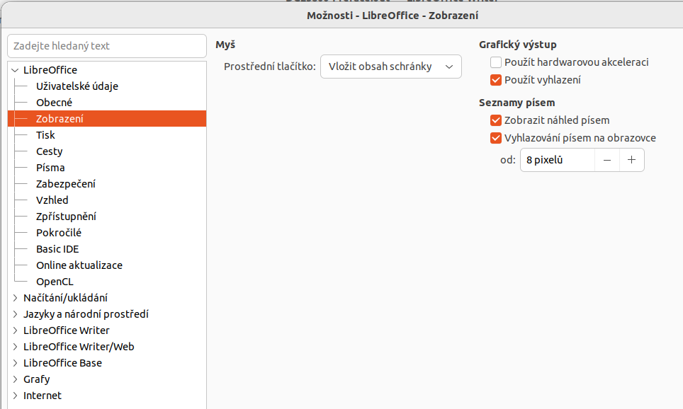 Dialogové okno Možnosti LibreOffice – Stránka Zobrazení