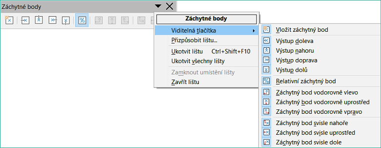 Příklad viditelných ikon nástrojové lišty na nástrojové liště