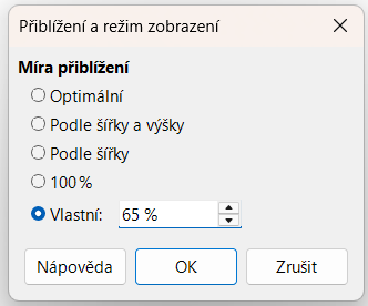 Dialogové okno Přiblížení a režim zobrazení