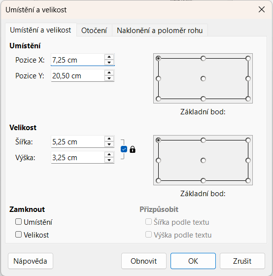 Dialogové okno Umístění a velikost