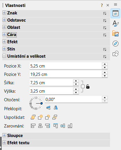 Sekce Umístění a velikost na kartě Vlastnosti na boční liště