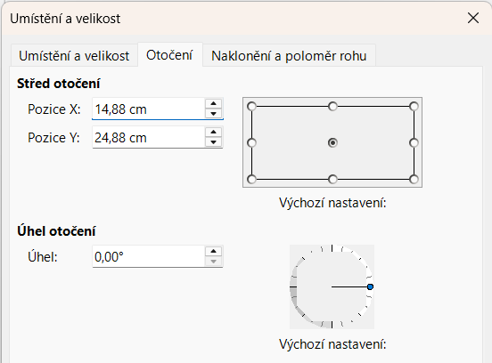 Dialogové okno Poloha a velikost – záložka Otočení