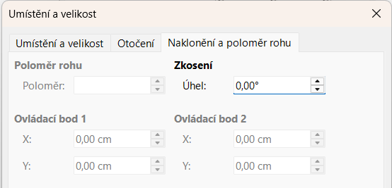 Dialogové okno Umístění a velikost – záložka Naklonění a poloměr rohu