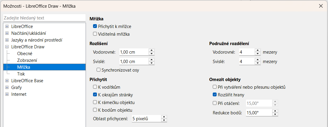 Dialogové okno Možnosti LibreOffice Draw – stránka Mřížka