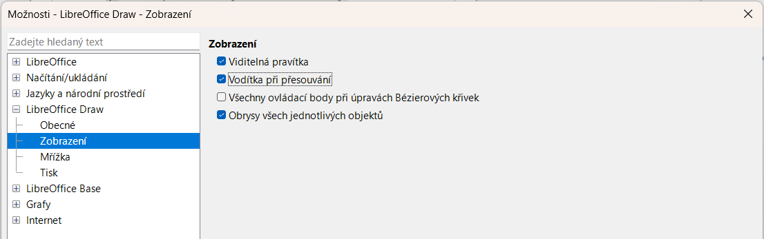 Možnosti LibreOffice Draw, dialogové okno Zobrazení
