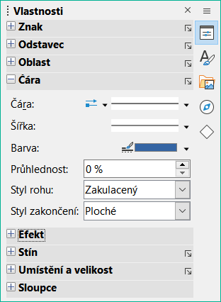 Panel Čára na kartě Vlastnosti v postranní liště