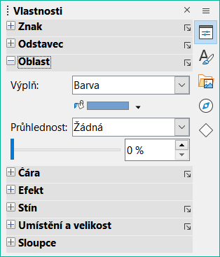 Panel Oblast na kartě Vlastnosti v postranní liště