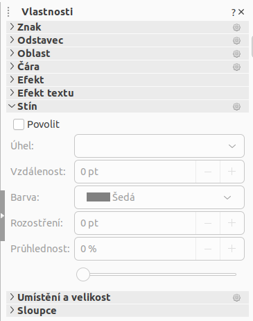 Panel stínů na kartě Vlastnosti v postranní liště