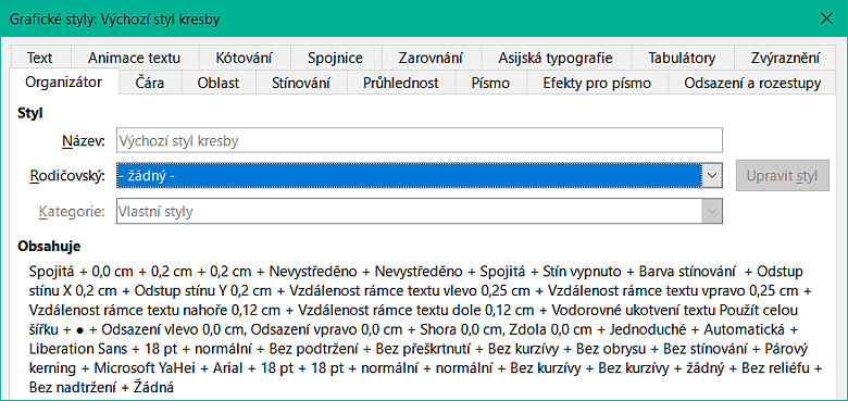 Dialogové okno Grafické styly – stránka Obecné