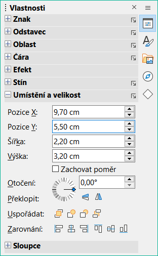 Panel Umístění a velikost v nabídce Vlastnosti na postranní liště
