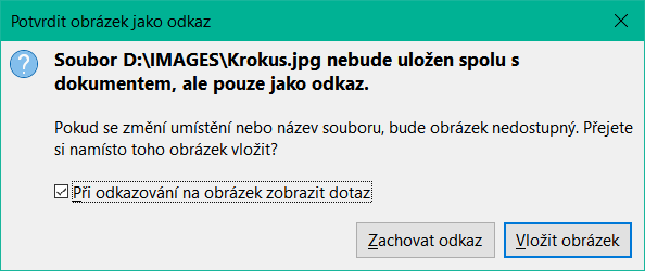 Dialogové okno Potvrdit obrázek jako odkazy