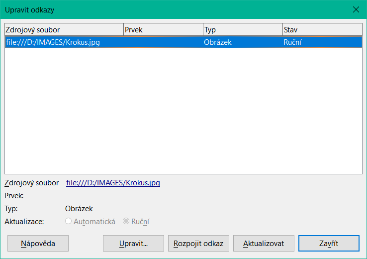 Dialogové okno Upravit odkazy