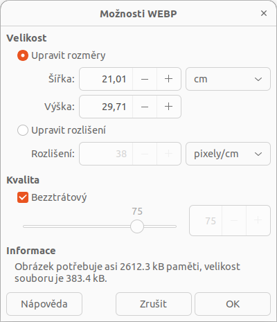 Příklad dialogového okna Možnosti exportu