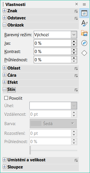 Panel Obrázek na kartě Vlastnosti v postranní liště