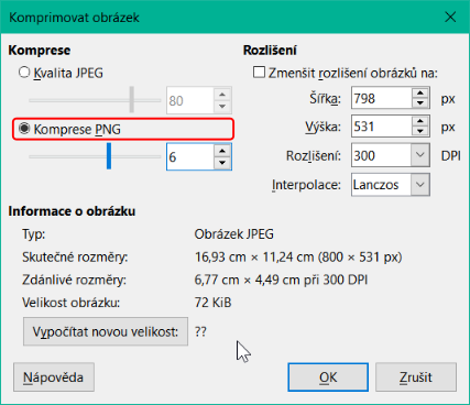 Dialogové okno Komprimovat obrázek
