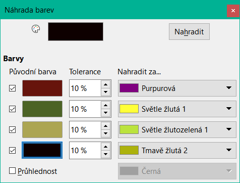 Dialogové okno Náhrada barev