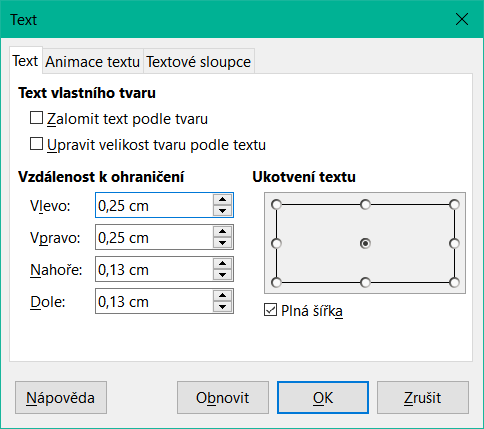 Dialogové okno Text – stránka Text
