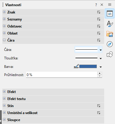 Panel Čára na kartě Vlastnosti v postranní liště pro textové pole