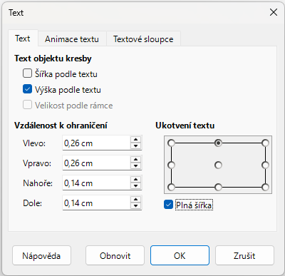 Dialogové okno Text – stránka Text – Objekt kresby
