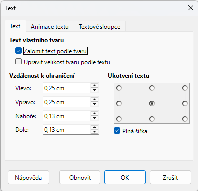 Dialogové okno Text – stránka Text