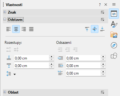 Panel Odstavec na kartě Vlastnosti v postranní liště