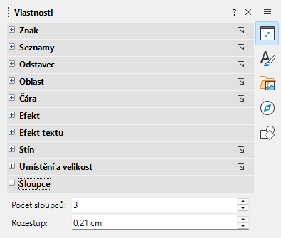 Panel Sloupce na kartě Vlastnosti v postranní liště