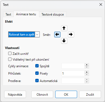 Dialogové okno Text – stránka Animace textu