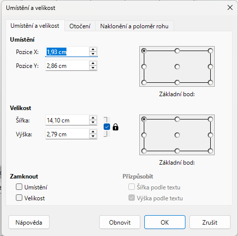 Dialogové okno Umístění a velikost