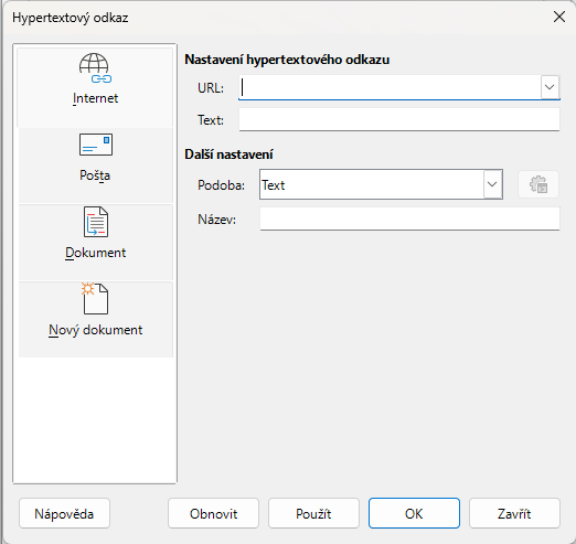 Dialogové okno Hypertextový odkaz – stránka Internet
