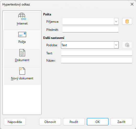 Dialogové okno Hypertextový odkaz – stránka Pošta