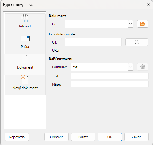 Dialogové okno Hypertextový odkaz – stránka Dokument