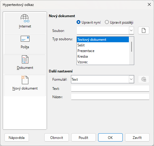 Dialogové okno Hypertextový odkaz – stránka Nový dokument
