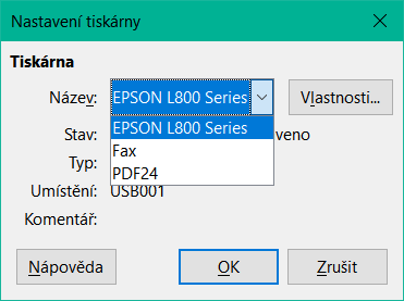 Příklad dialogového okna Nastavení tiskárny