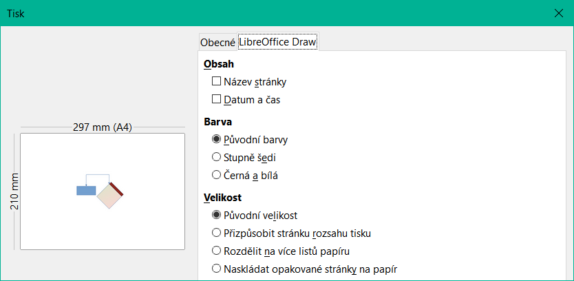 Příklad dialogového okna Tisk – stránka LibreOffice Draw – Windows/Linux
