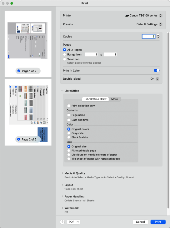 Příklad dialogového okna Tisk – stránka LibreOffice Draw – macOS