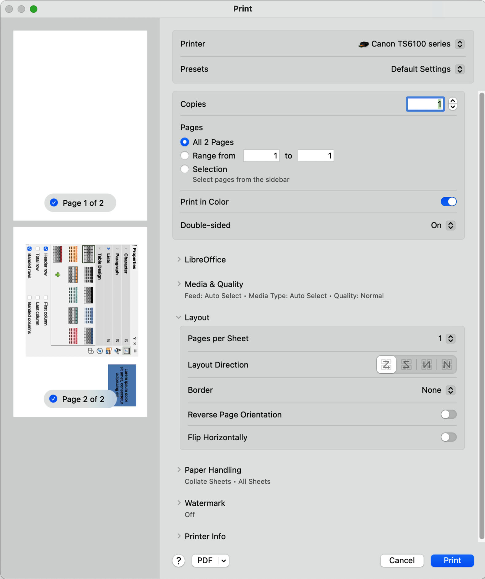Příklad dialogového okna Tisk – stránka Rozložení LibreOffice – macOS