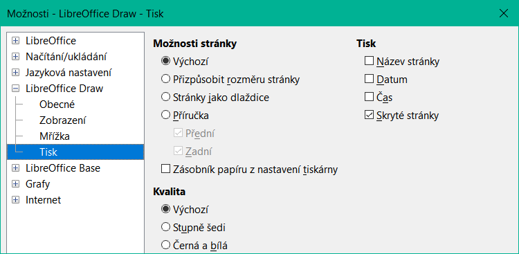 Možnosti v dialogu Tisk aplikace LibreOffice Draw