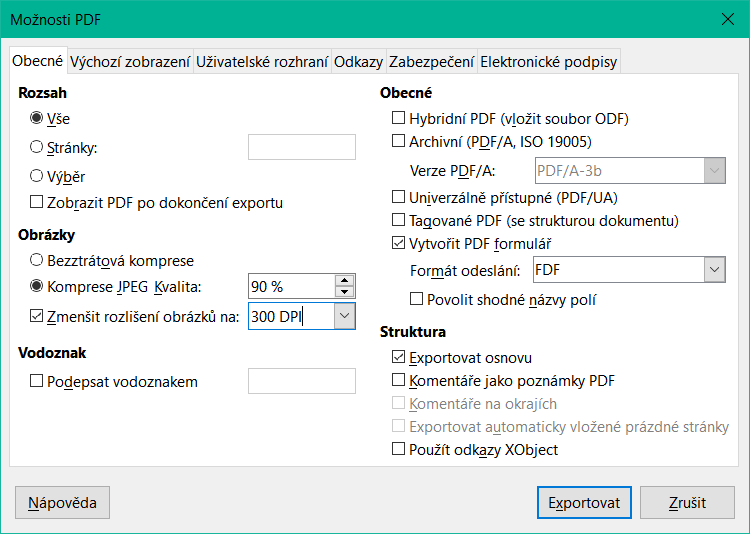 Dialogové okno Možnosti PDF – stránka Obecné