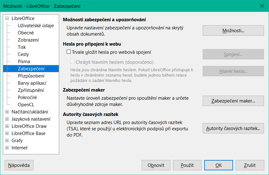 Možnosti dialogu LibreOffice – stránka Zabezpečení
