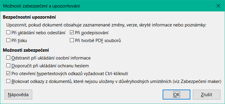 Dialogové okno Možnosti zabezpečení a upozorňování