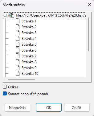 Dialogové okno Vložit stránky