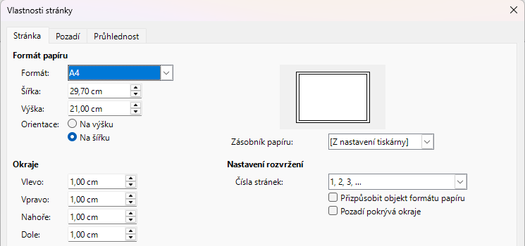 Dialogové okno Vlastnosti stránky – stránka Stránka